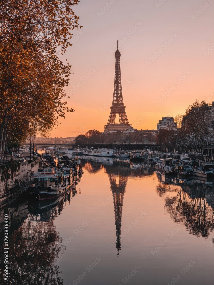 Naklejka premium seine in paris with eiffel tower in sunrise time no logos no brands ar 34