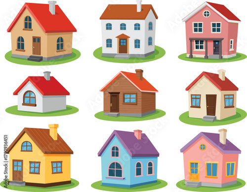 Cartoon houses, colorful homes, architecture, roof styles, windows, doors, grass, residential, vector, illustration, design, urban, suburban, cute, building, property, exterior, facade, neighborhood