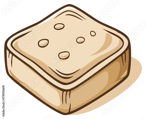 A hand drawn cartoon illustration of a single square cracker or tofu block