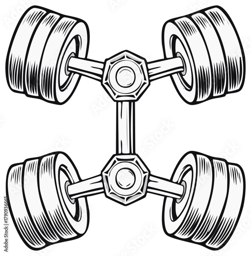 Illustration of a conceptual dumbbell design, with four weight plates symmetrically arranged.