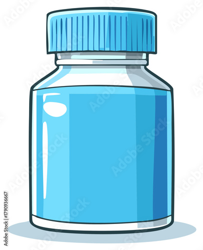 Simple cartoon illustration of a blue medicine bottle or vitamin jar with a blank label