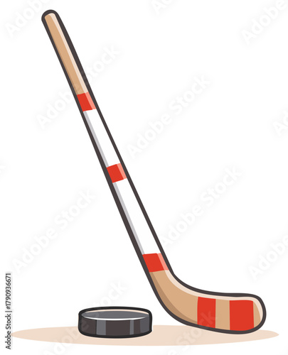 Illustrated ice hockey stick and black puck sporting equipment cartoon vector graphic