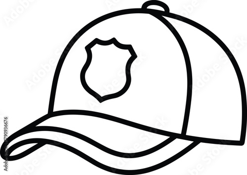 Police cap, black and white line drawing, badge emblem, security headgear, law enforcement symbol, minimal sketch, uniform accessory, authority design