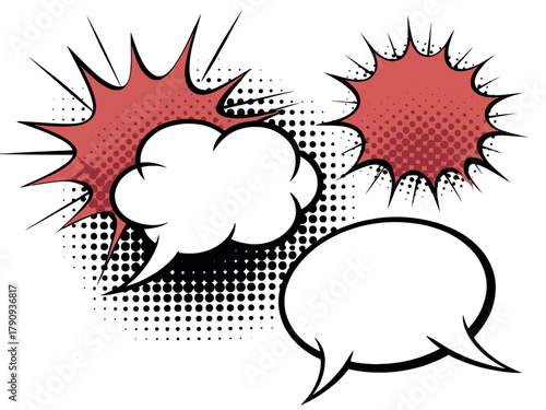 Speech bubbles and comic book style bursts communicate ideas