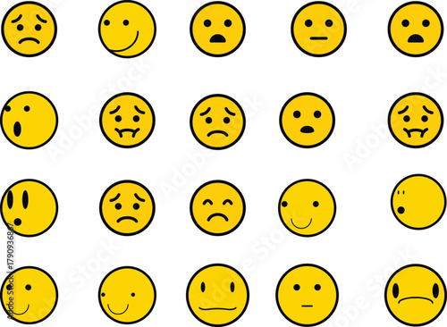 emoji face  Emoticon features emoji faces in   smile, happy, sad, angry, and surprised expressions color, simple line smiley face vector illustration. Doodle Emoji face icon set. Hand drawn sketch sty