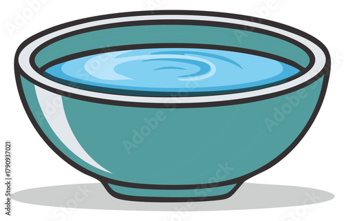 Simple illustration of a teal bowl filled with fresh blue water with small surface ripples