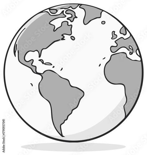 Stylized World Globe Depicting Americas and Europe with Cartoon Hand-Drawn Style, Minimalist Geography Design