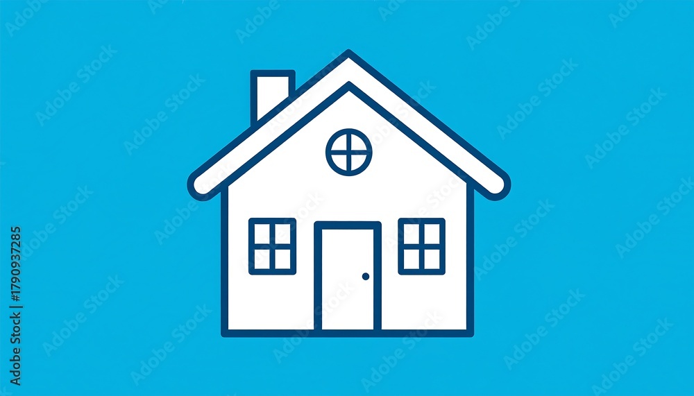 Fototapeta premium Simple white outline of a house with a chimney, windows, and a door on a solid blue background
