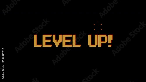 Level Up text animation on 8 bit retro game black background. 4k video. Suitable for your video game content, Vintage Arcade Games or Vintage Arcade Games.