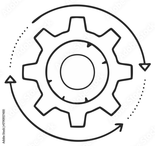Gear cogwheel rotating in a dotted circular arrow concept illustration