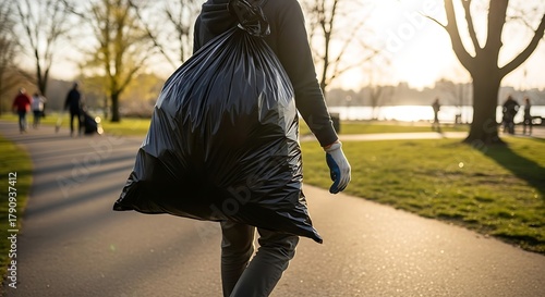 Person carrying a large black trash bag in a park during sunset.