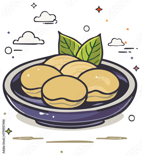 Cute cartoon illustration of sweet Japanese mochi dumplings in a bowl with fresh leaves