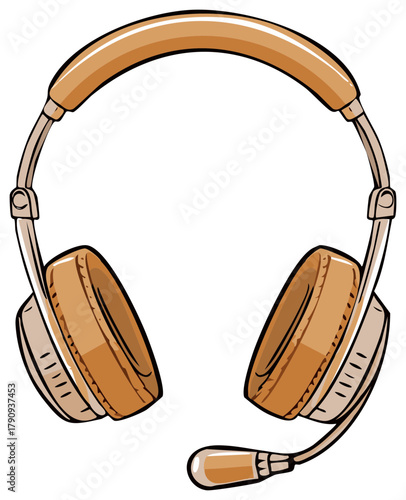 Graphic illustration of a modern brown over-ear headset featuring an attached microphone for audio calls