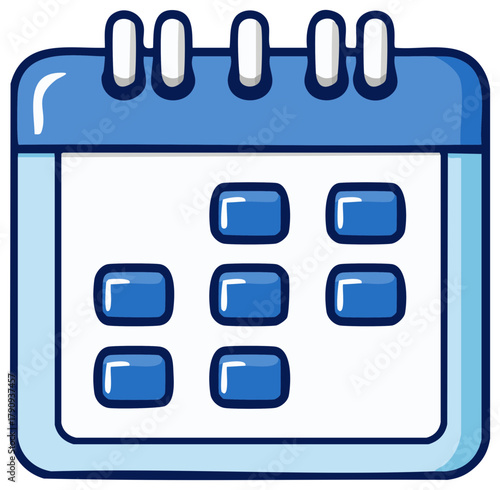 Blue desk calendar cartoon icon for scheduling and event planning.