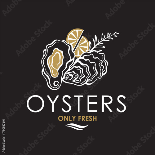 label of fresh oyster shell and lemon isolated on black background