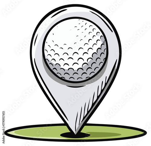 Golf course location pin icon with golf ball inside standing on green grass vector illustration