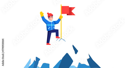 Triumphant Person Reaching Crest And Planting Emblem With Banner On Mountain Peak