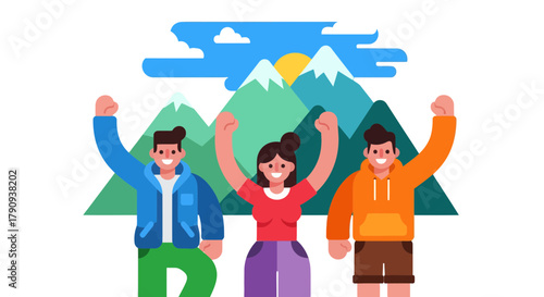 Triumphant Team Celebrating Victory Against Green Mountains Backdrop With Joyful Expressions
