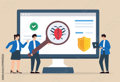 Flat illustration of three people analyzing computer for malware detection with antivirus software