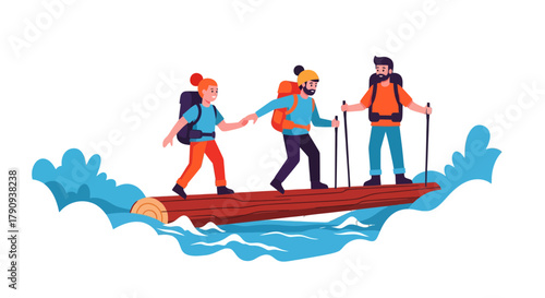 Trekking Expedition: Team Navigating Water Crossing, Collaboration and Outdoor Adventures