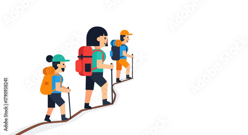 Trekking Family Ascends Trail, Animated Illustration Depicting Outdoor Adventure Pursuit