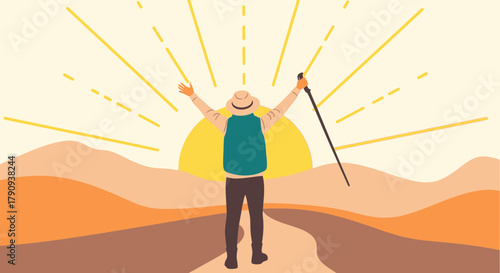 Trekking Iconography Depicting The Triumph Of A Hiker Reaching The Summit At Sunrise