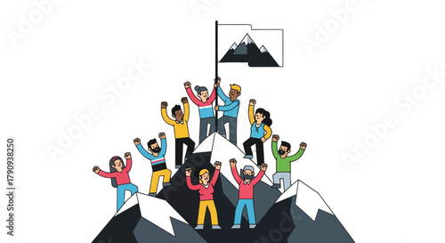 Triumphant Team Celebrating Victory atop Mountains with Flag, Achievement Realized