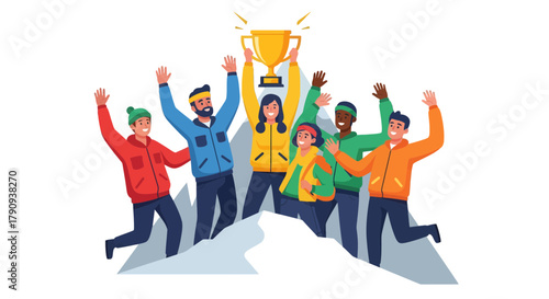 Triumphant Team Celebrating Victory on Mountain Peak With a Golden Trophy Earned