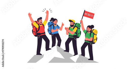 Triumphant Team of Adventure Seekers Celebrating Summit Success Together on Mountain