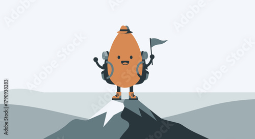 Trekking Mascot Reaching Summit Celebrating Success With A Tiny Flag Victory