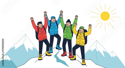 Triumphant Team of Adventurers Celebrates Victoriously Upon Reaching Mountain Summit
