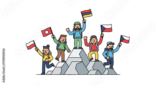 Triumph On The Summit: Celebrating Achievement With Flags And Mountainous Landscape