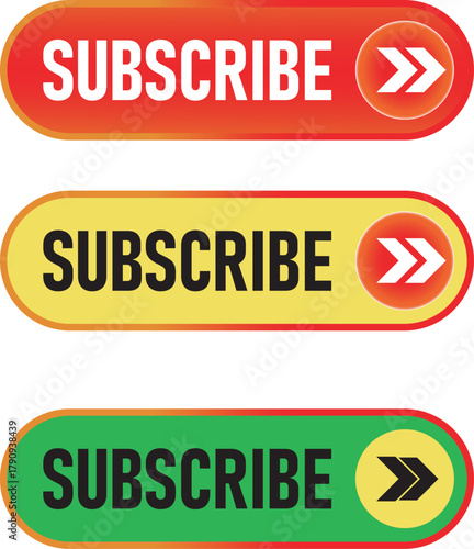 Colorful subscribe buttons in orange yellow and green with arrows for websites and applications