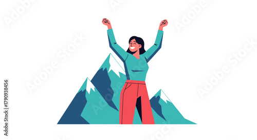 Triumphant Woman Reaches Peak Above Mountains, Symbolizing Achievement Or Success