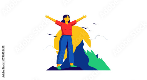 Triumphant Woman Reaches Peak Under Radiant Sun, Celebrating Freedom and New Beginnings