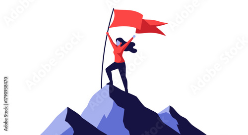 Triumphant Woman Reaching Pinnacle, Achieving Victory, Banner Waving on Mountain Peak
