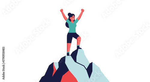 Triumphant Woman Reaching Summit, Celebrating Achievement, Victory, And Success Concept
