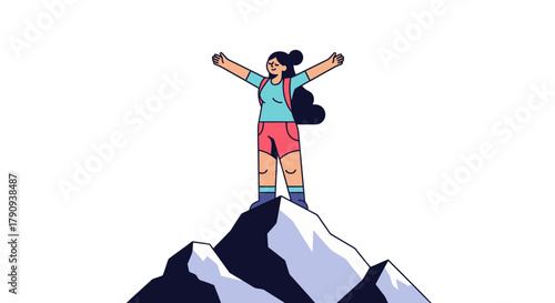Triumphant Woman Reaching Summit Peak, Celebrating Victory In Striking Minimalist Style