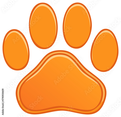 Vibrant orange paw print graphic illustration with rounded edges, stylized vector image depicting a domestic animal track, animal lover icon or emblem. Bold and simple design.