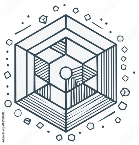Abstract isometric hexagonal cube with internal geometric pattern and scattered elements