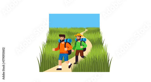 Two Adventurous Hikers Traversing A Green Trail On A Sunny Day Under The Blue Sky