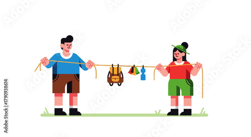 Two Campers Create A Drying Line In The Outdoors With Camping Equipment