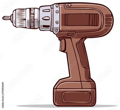 Cordless drill hand tool illustration, brown and silver isolated