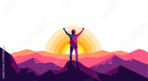 Triumphant Ascent Depicting Success and Overcoming Obstacles Against The Sunset