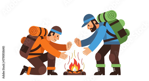 Two Campers Gathering Around a Campfire to Warm Themselves in the Wilderness