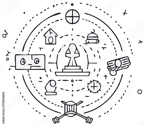 Abstract Ritualistic Symbols in a Circle Hand-Drawn Illustration Black and White