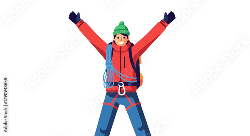 Triumphant Climber Celebrating A Summit Victory, Arms Raised In Energetic Joyful Pose