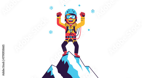Triumphant Climber Celebrating Overcoming Summit, Amidst Falling Snow, Winning Success