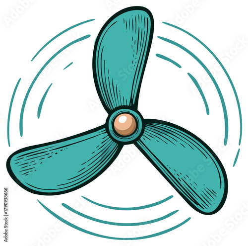 Retro teal fan propeller illustration symbolizing air movement and cooling comfort