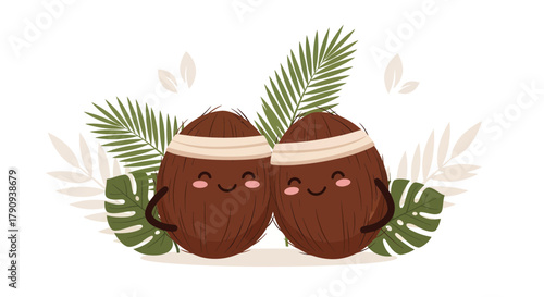 Two Cheerful Coconuts Embracing with Tropical Leaves, a Cute Illustration